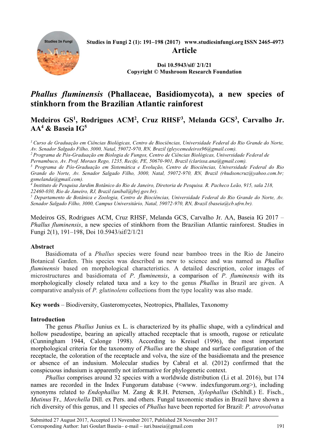 Phallus Fluminensis, a New Species of Stinkhorn from the Brazilian Atlantic Rainforest