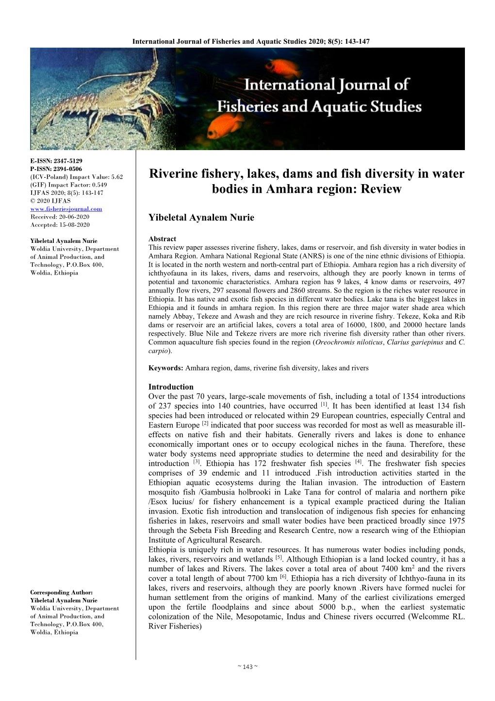 Riverine Fishery, Lakes, Dams and Fish Diversity in Water Bodies in Amhara