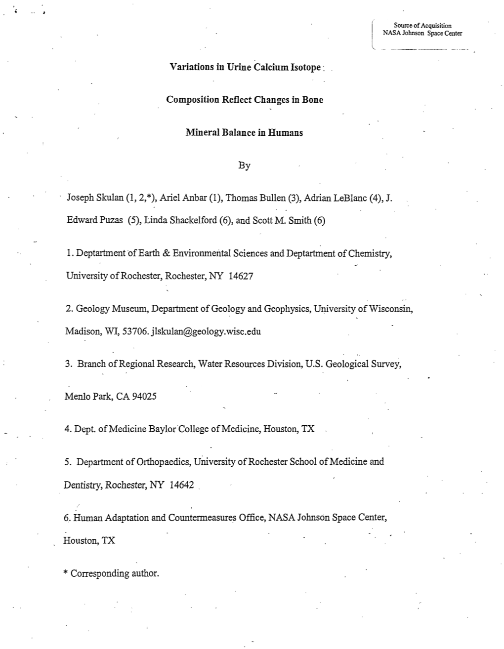 Variations in Urine Calcium Isotope: Composition Reflect Changes In