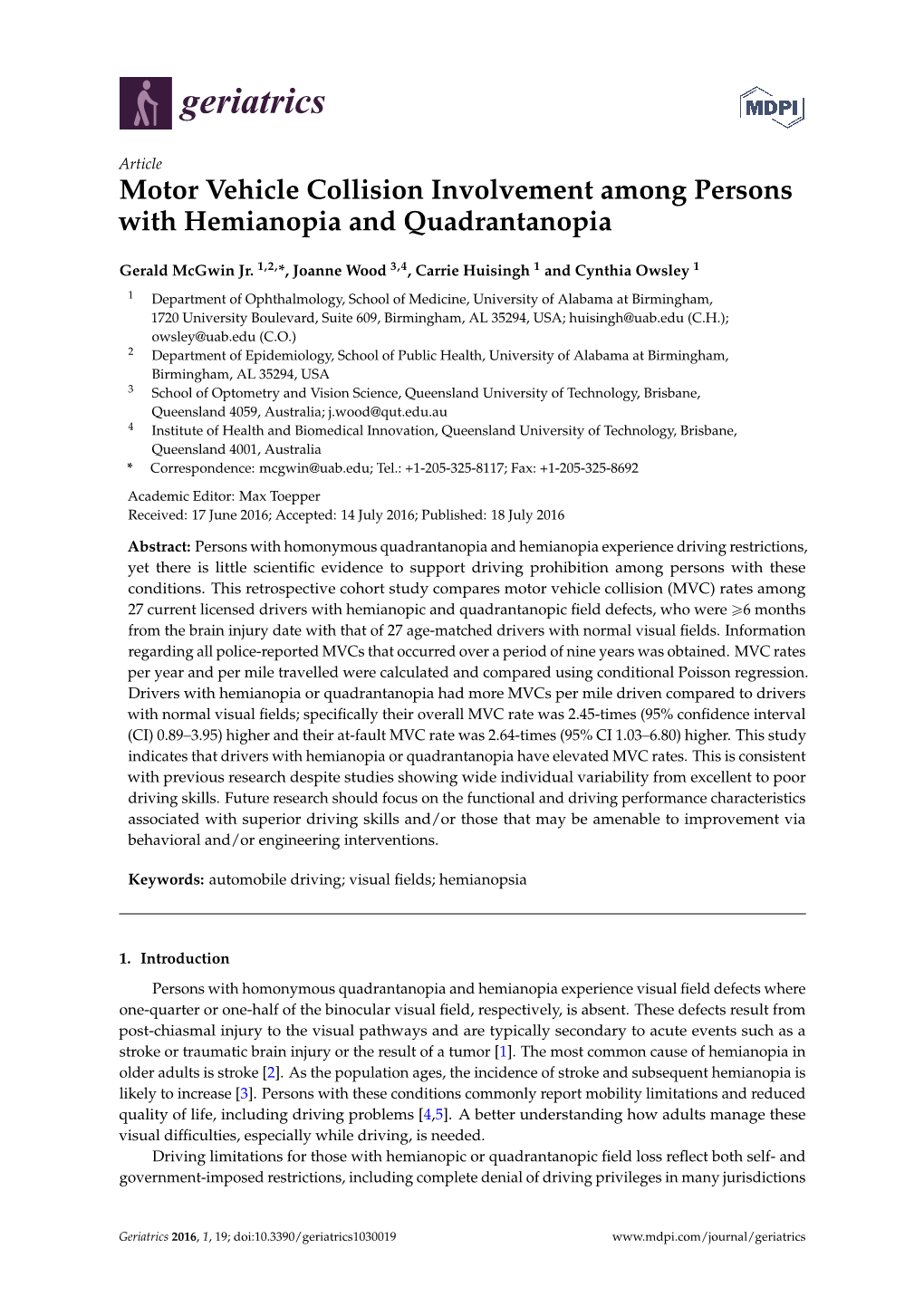 Motor Vehicle Collision Involvement Among Persons with Hemianopia and Quadrantanopia