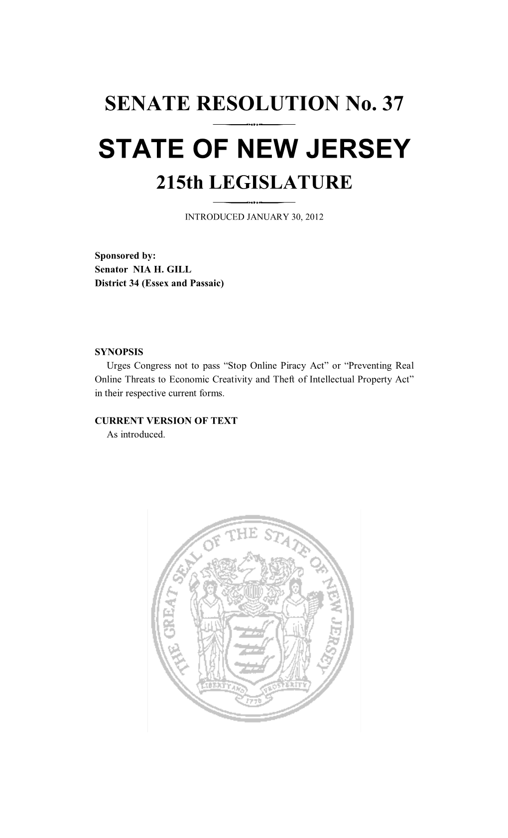 SENATE RESOLUTION No. 37 STATE of NEW JERSEY 215Th