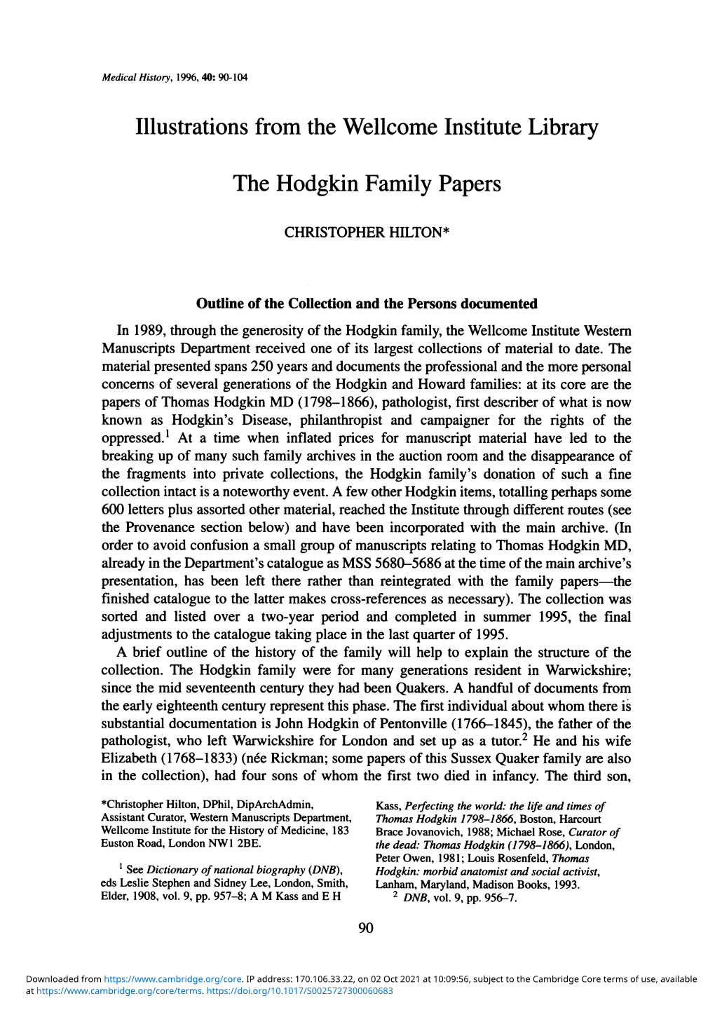 Illustrations from the Wellcome Institute Library the Hodgkin Family