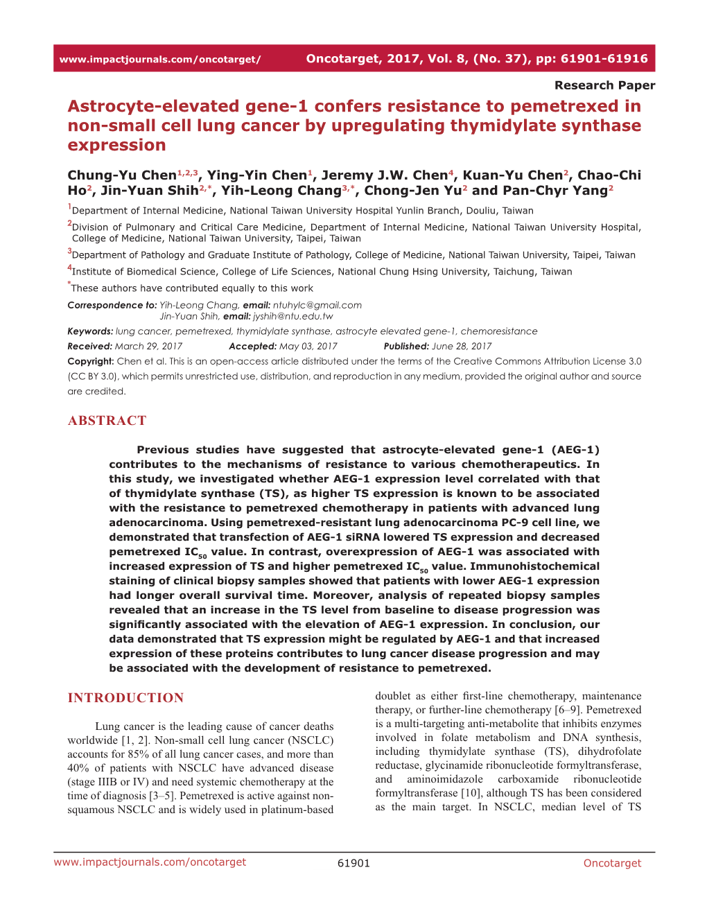 Astrocyte-Elevated Gene-1 Confers Resistance to Pemetrexed in Non-Small Cell Lung Cancer by Upregulating Thymidylate Synthase Expression