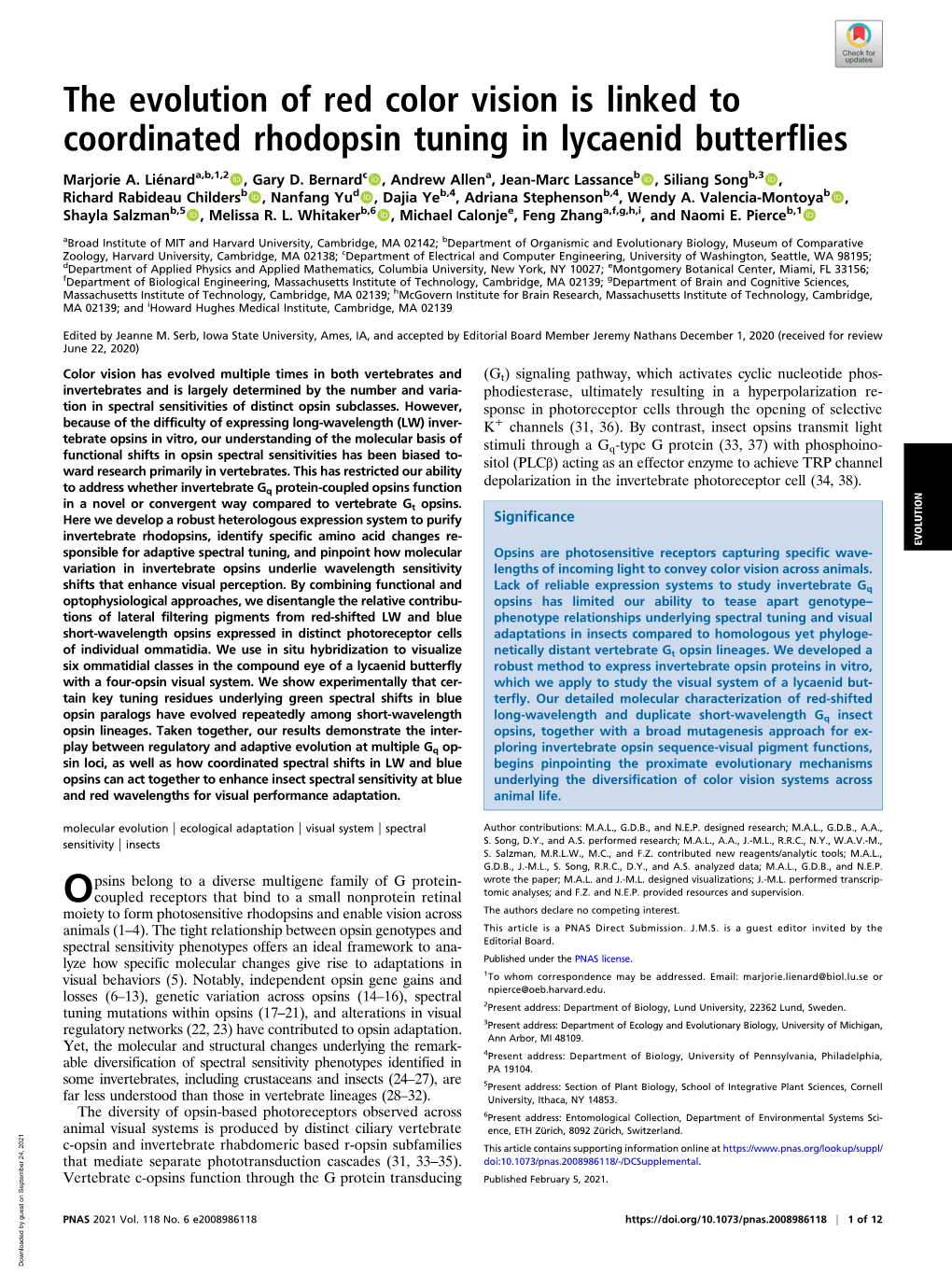 The Evolution of Red Color Vision Is Linked to Coordinated Rhodopsin Tuning in Lycaenid Butterflies