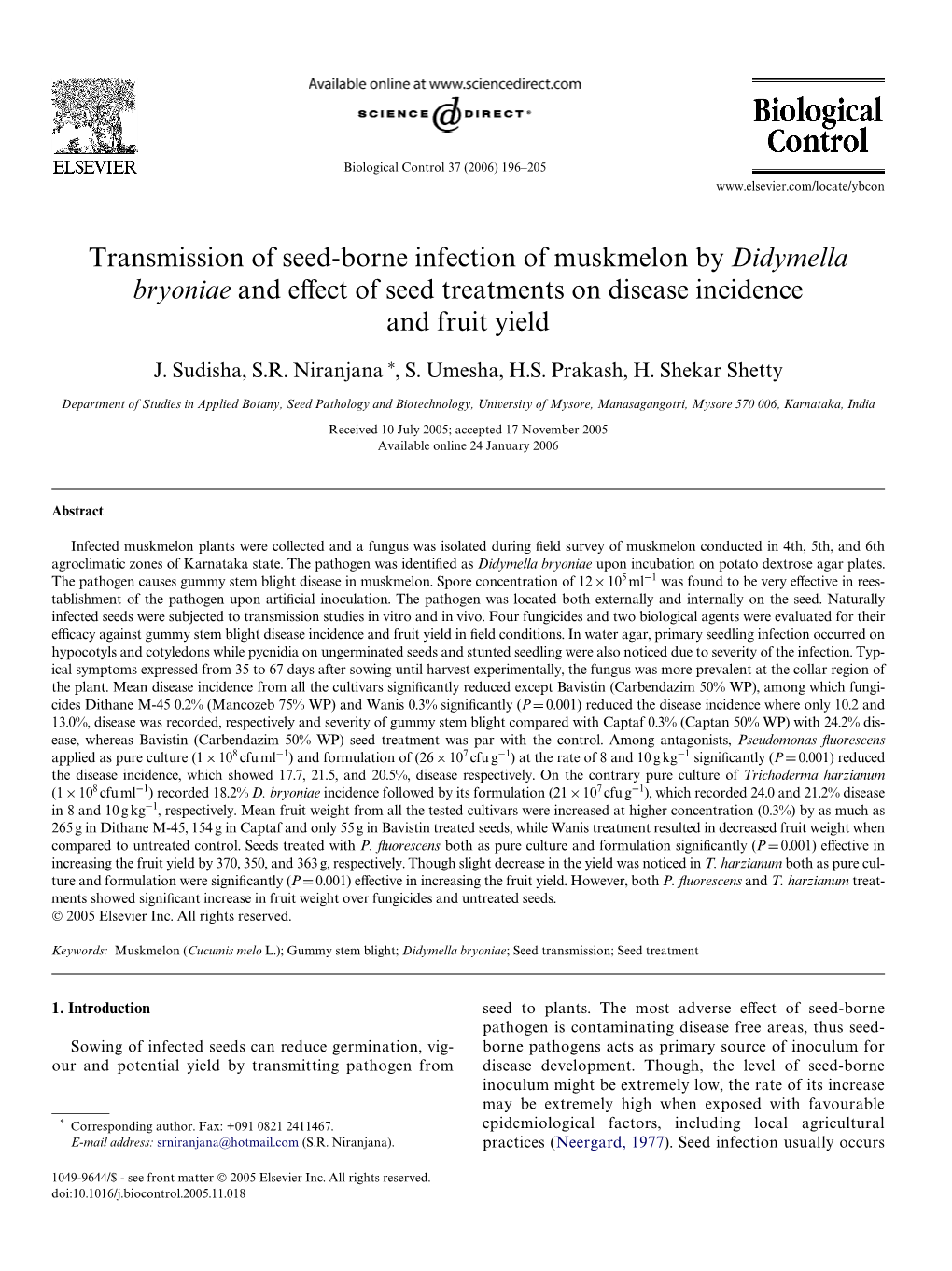 Didymella Bryoniae and Evect of Seed Treatments on Disease Incidence and Fruit Yield