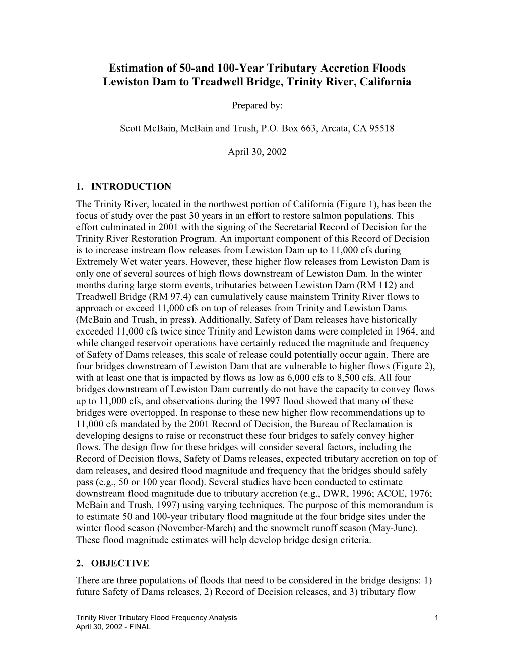 Estimation of 50-And 100-Year Tributary Accretion Floods Lewiston Dam to Treadwell Bridge, Trinity River, California