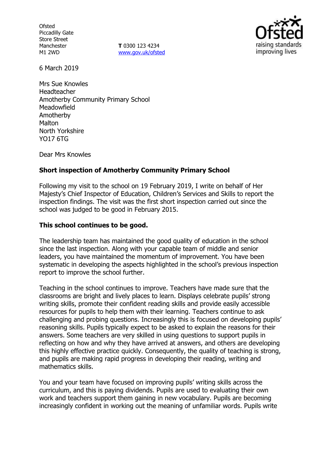 6 March 2019 Mrs Sue Knowles Headteacher Amotherby