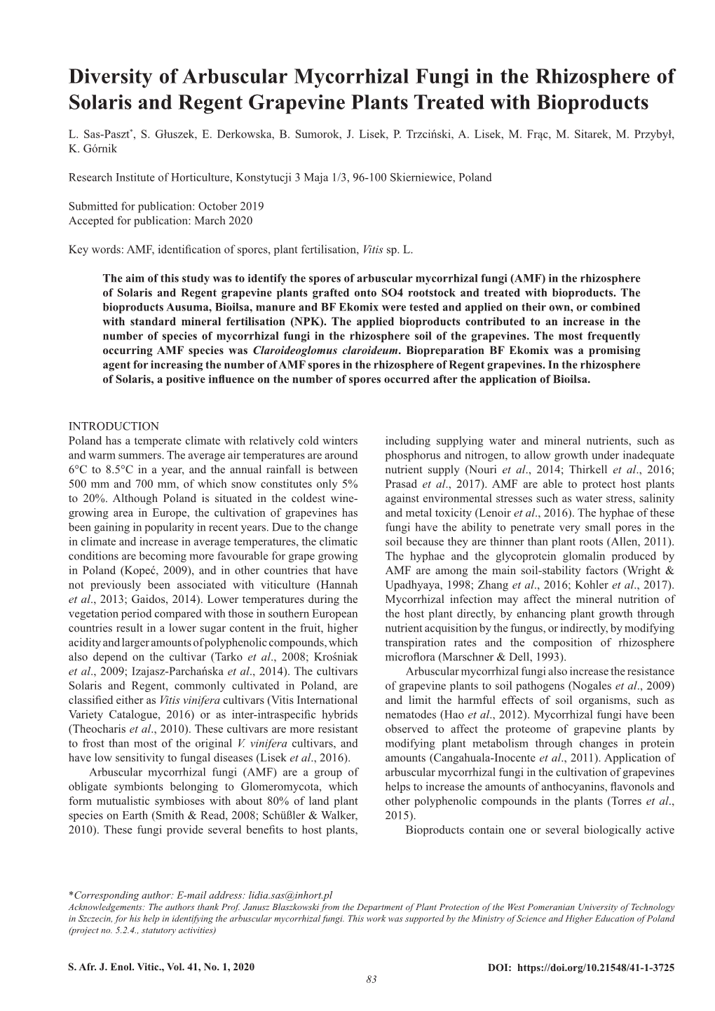 Diversity of Arbuscular Mycorrhizal Fungi in the Rhizosphere of Solaris and Regent Grapevine Plants Treated with Bioproducts