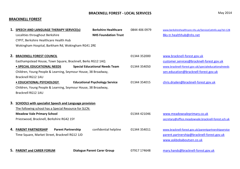 BRACKNELL FOREST - LOCAL SERVICES May 2014 BRACKNELL FOREST