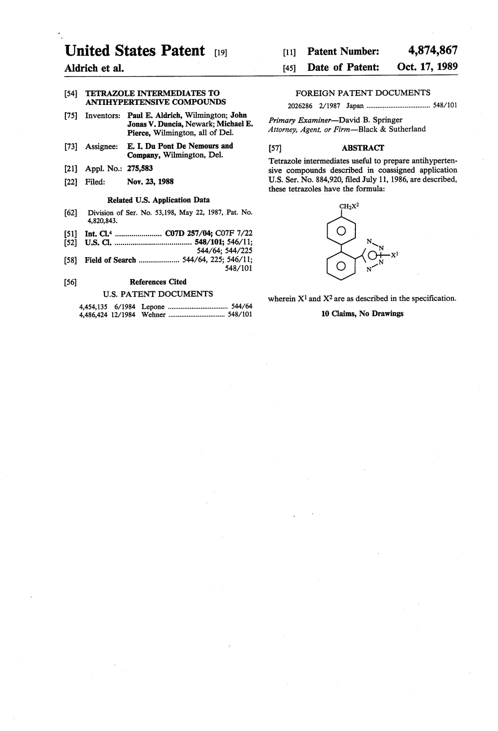 United States Patent (19) (11) Patent Number: 4,874,867 Aldrich Et Al