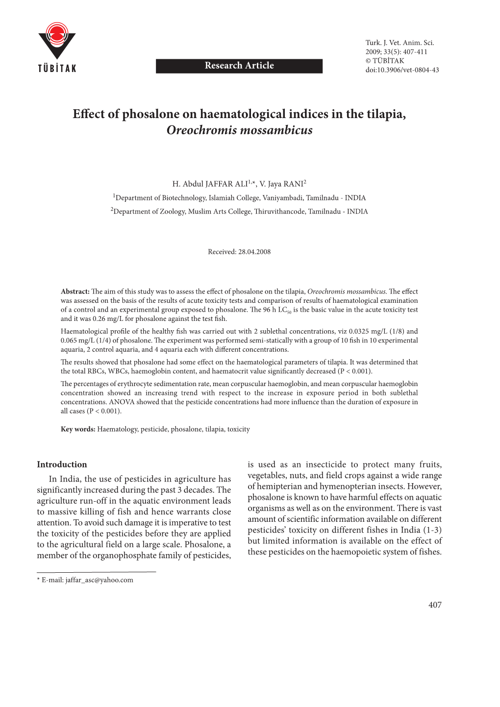 Effect of Phosalone on Haematological Indices in the Tilapia, Oreochromis Mossambicus