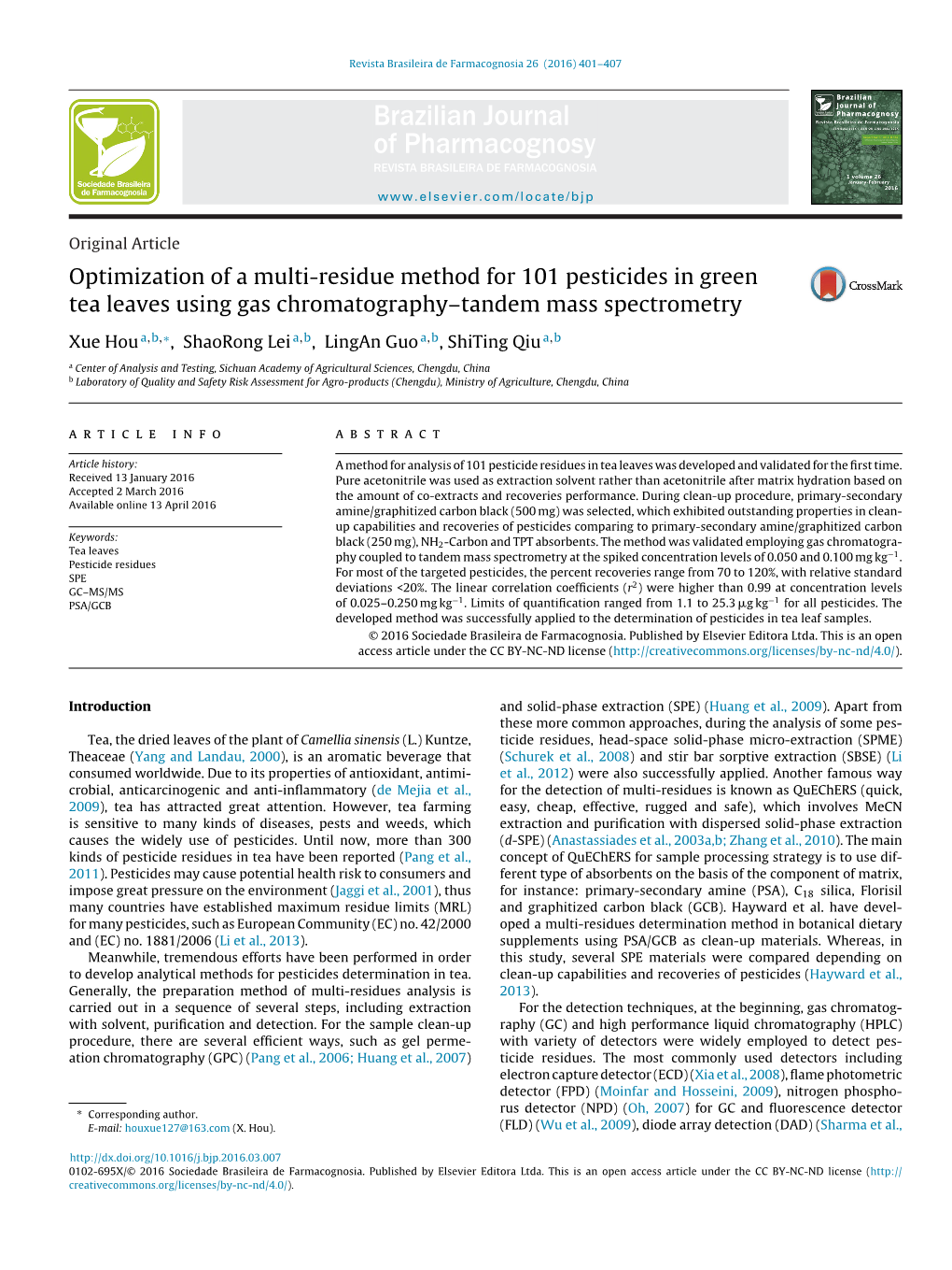 Optimization of a Multi-Residue Method for 101 Pesticides in Green Tea