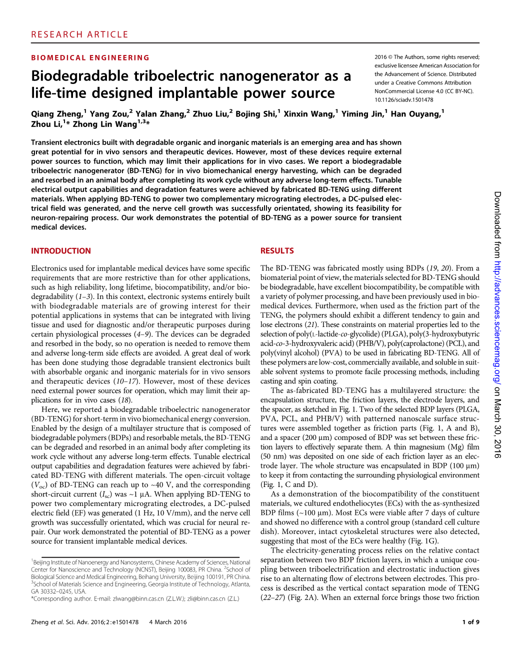 Biodegradable Triboelectric Nanogenerator As a Life-Time Designed Implantable Power Source