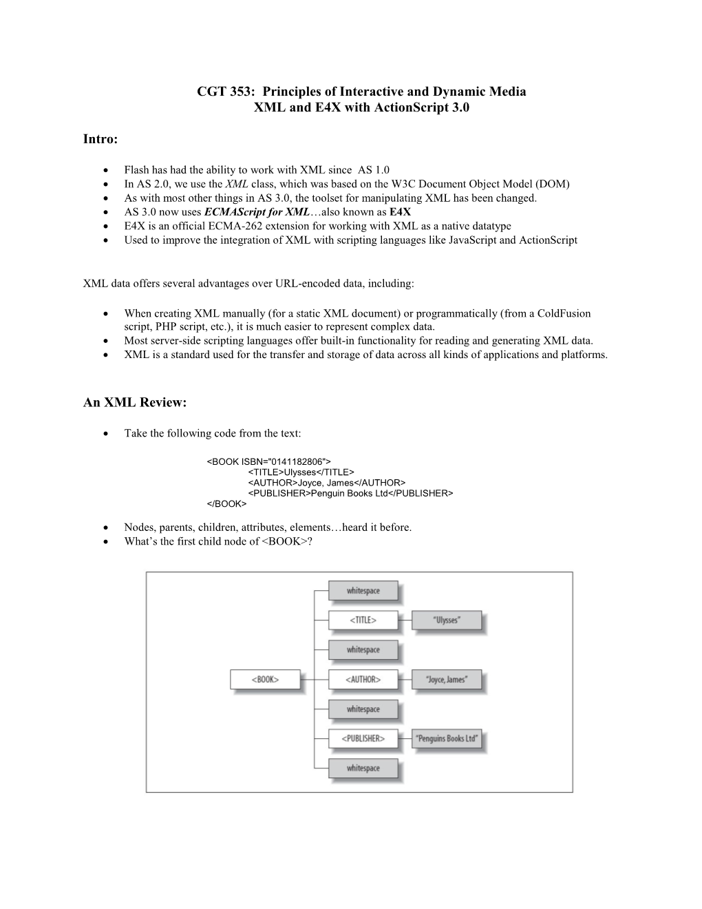 CGT 353: Principles of Interactive and Dynamic Media XML and E4X with Actionscript 3.0