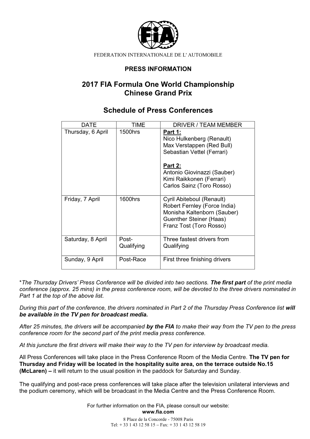 2017 FIA Formula One World Championship Chinese Grand Prix Schedule of Press Conferences