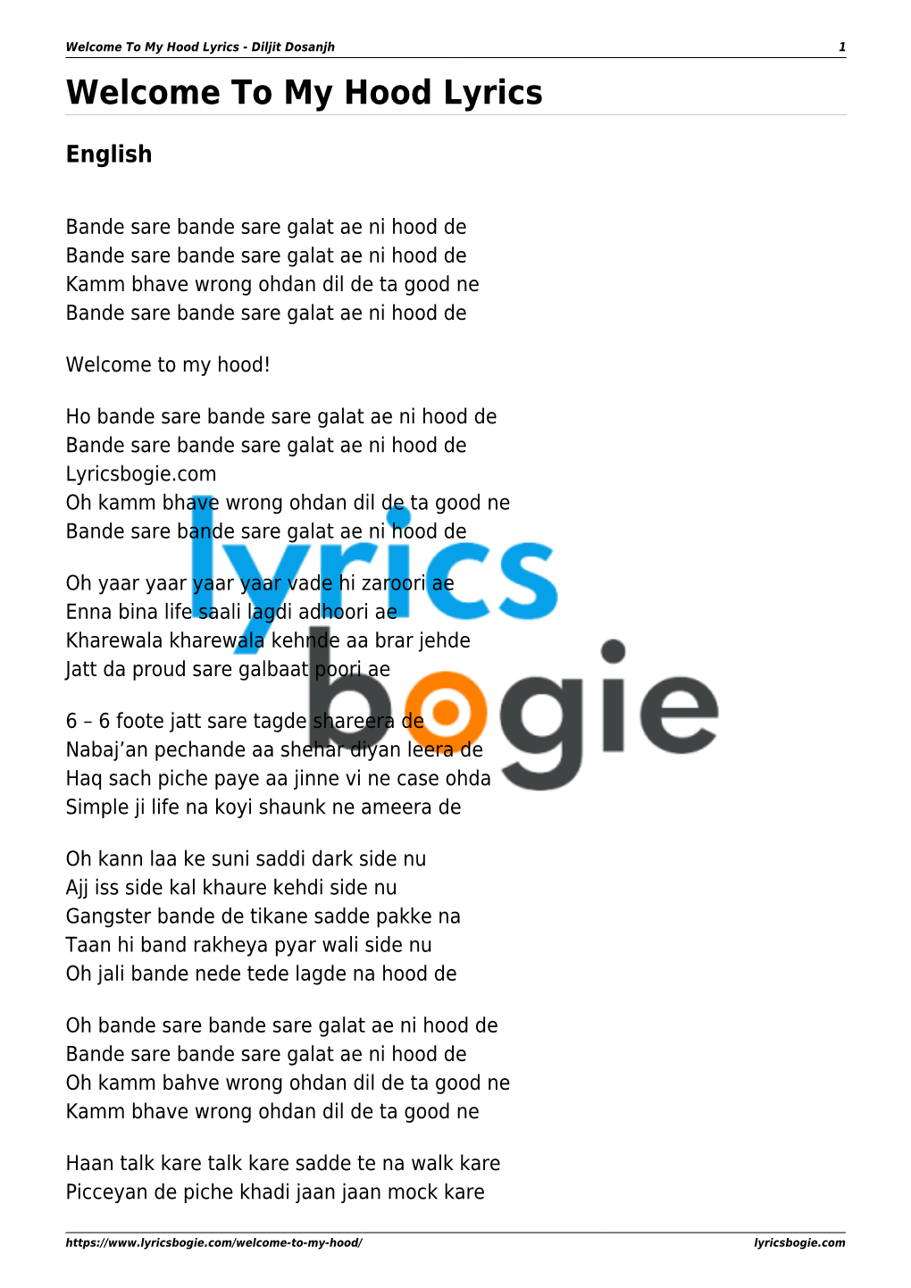 Welcome to My Hood Lyrics PDF Download