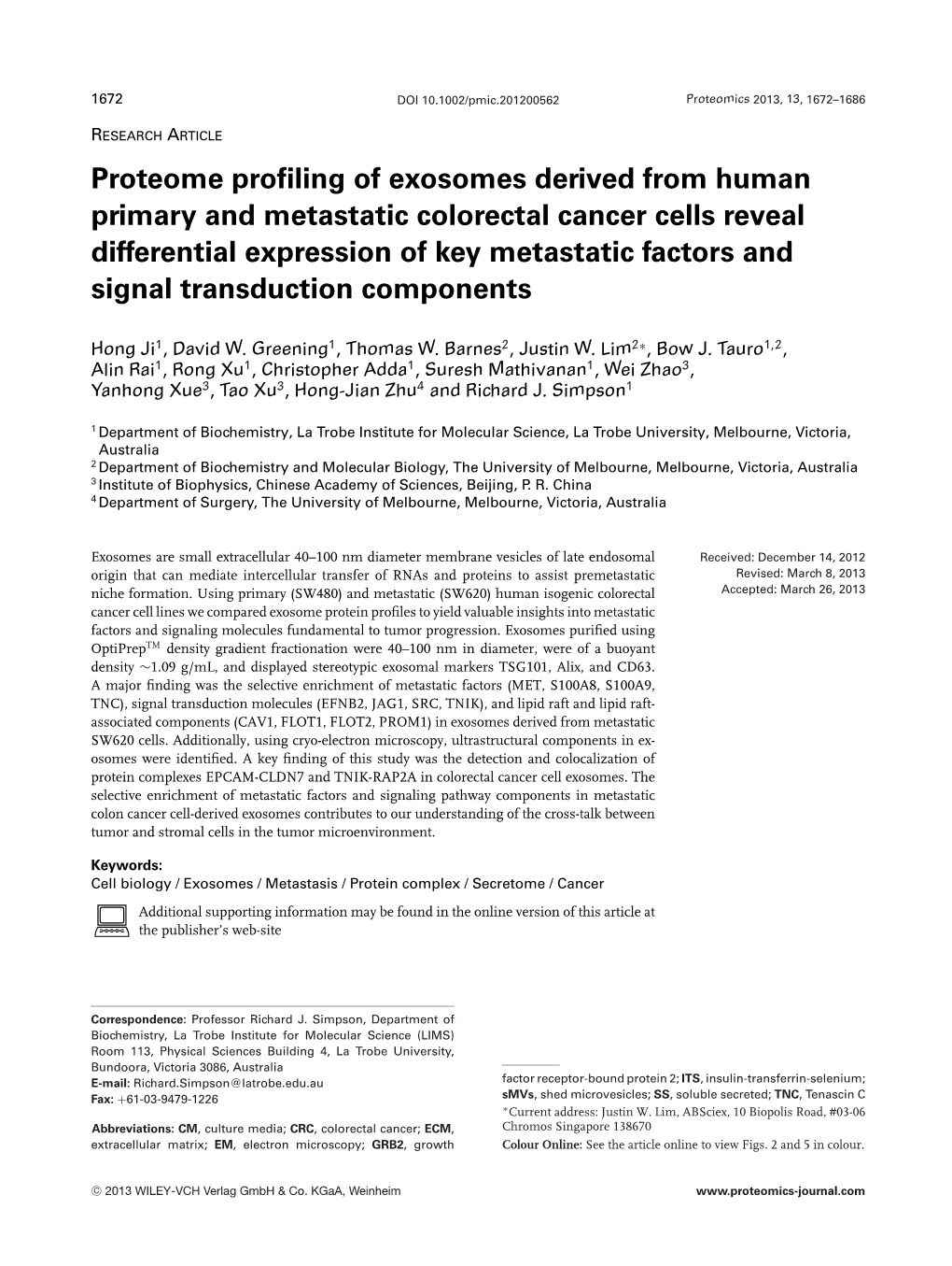 Proteome Profiling of Exosomes Derived from Human Primary And