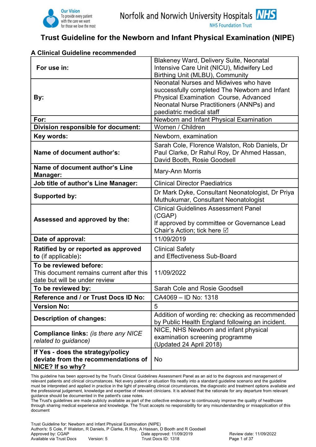 Trust Guideline for the Newborn and Infant Physical Examination (NIPE)