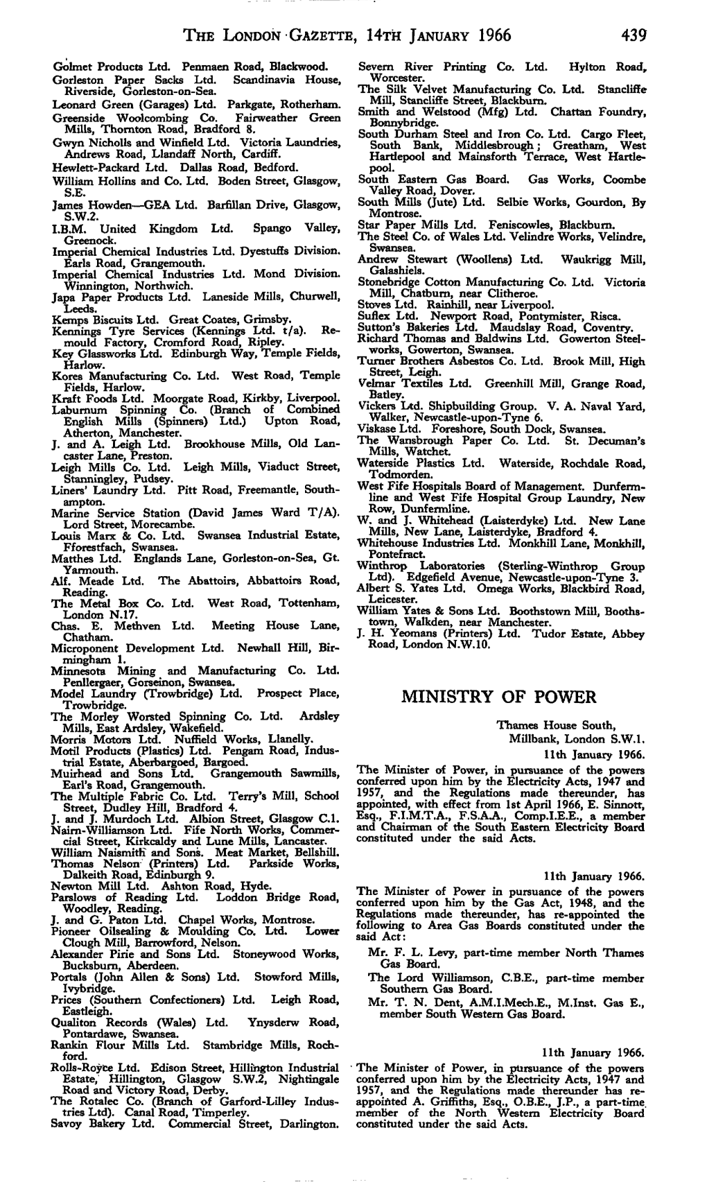 The London Gazette, Hth January 1966 Ministry of Power