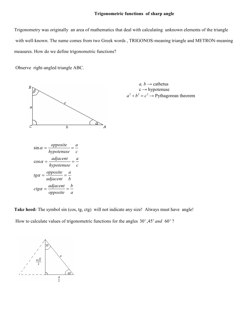 Trigonometric Functions of Sharp Angle