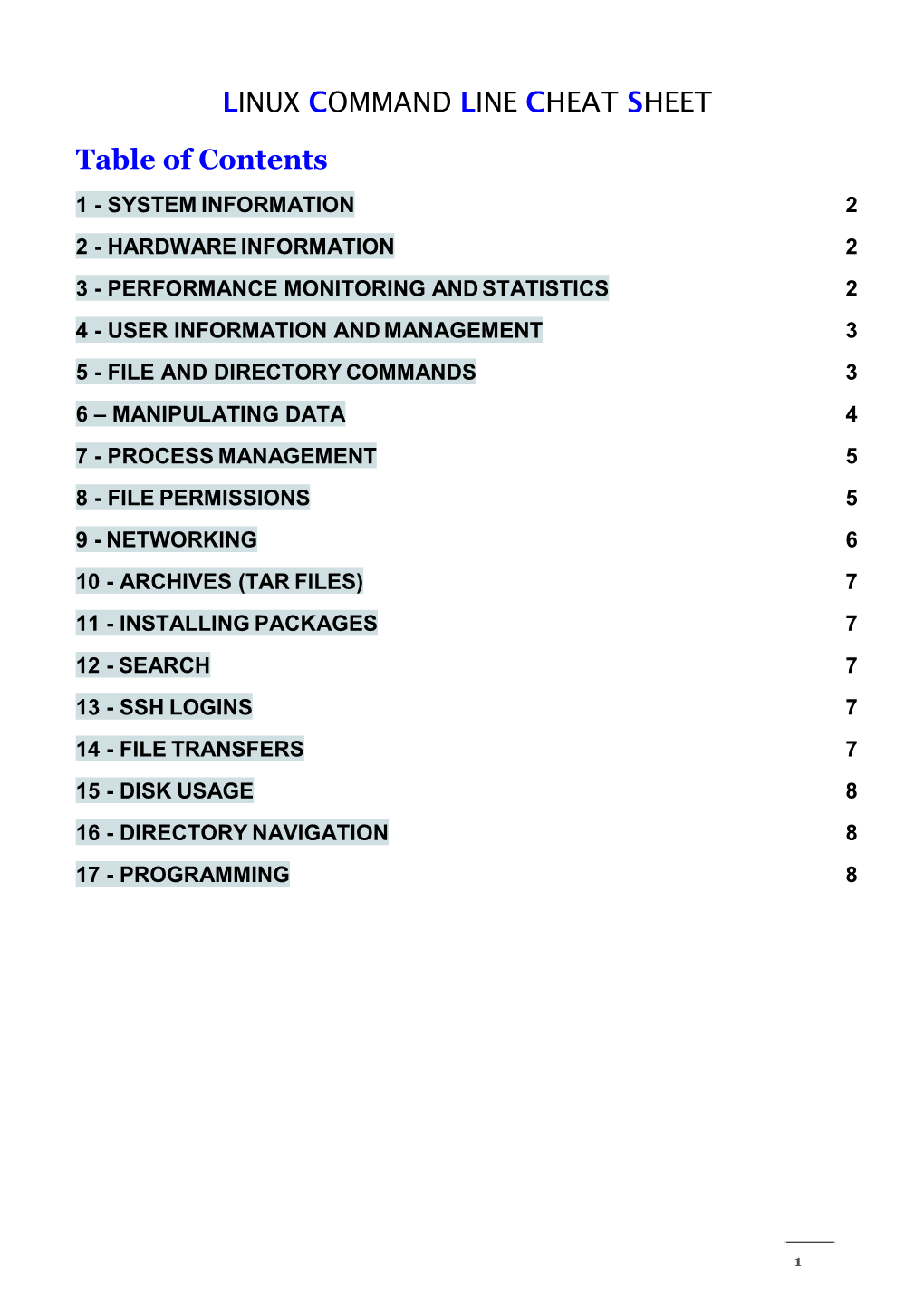 LINUX COMMAND LINE CHEAT SHEET Table of Contents