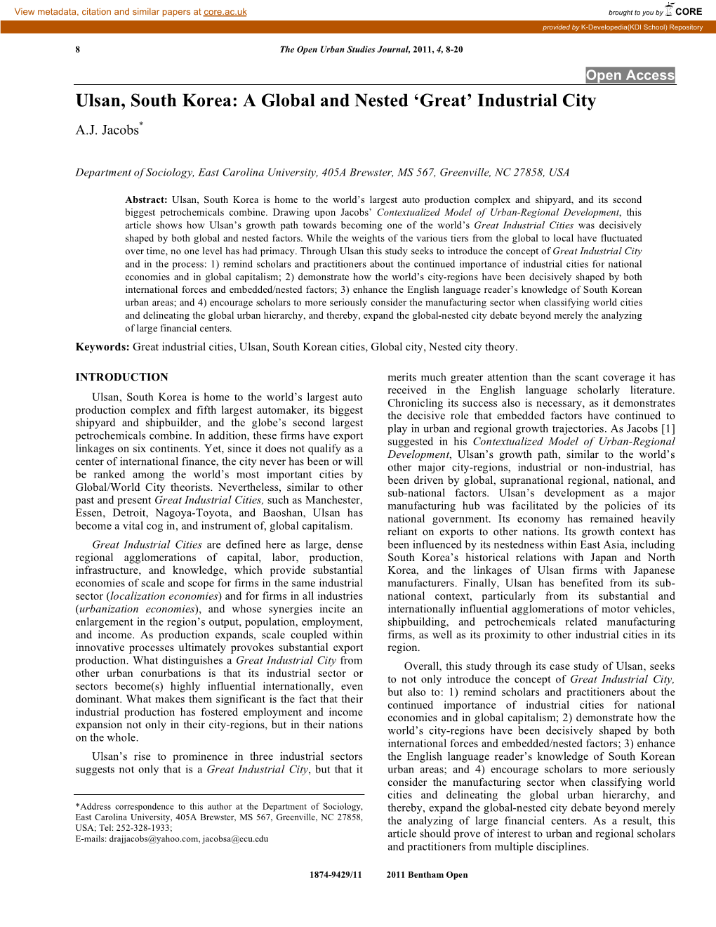 Ulsan, South Korea: a Global and Nested ‘Great’ Industrial City A.J