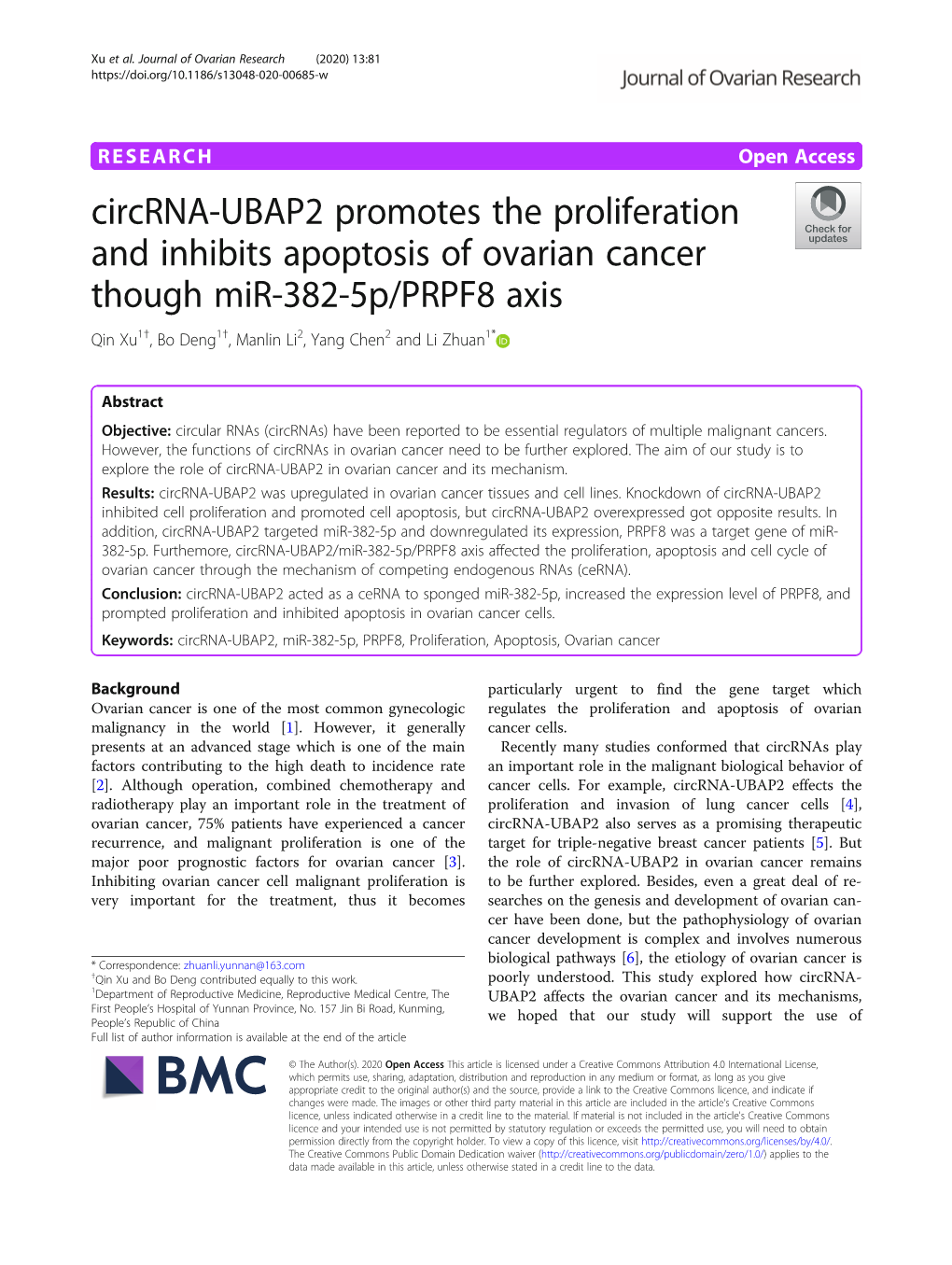 Circrna-UBAP2 Promotes the Proliferation and Inhibits Apoptosis of Ovarian Cancer Though Mir-382-5P/PRPF8 Axis