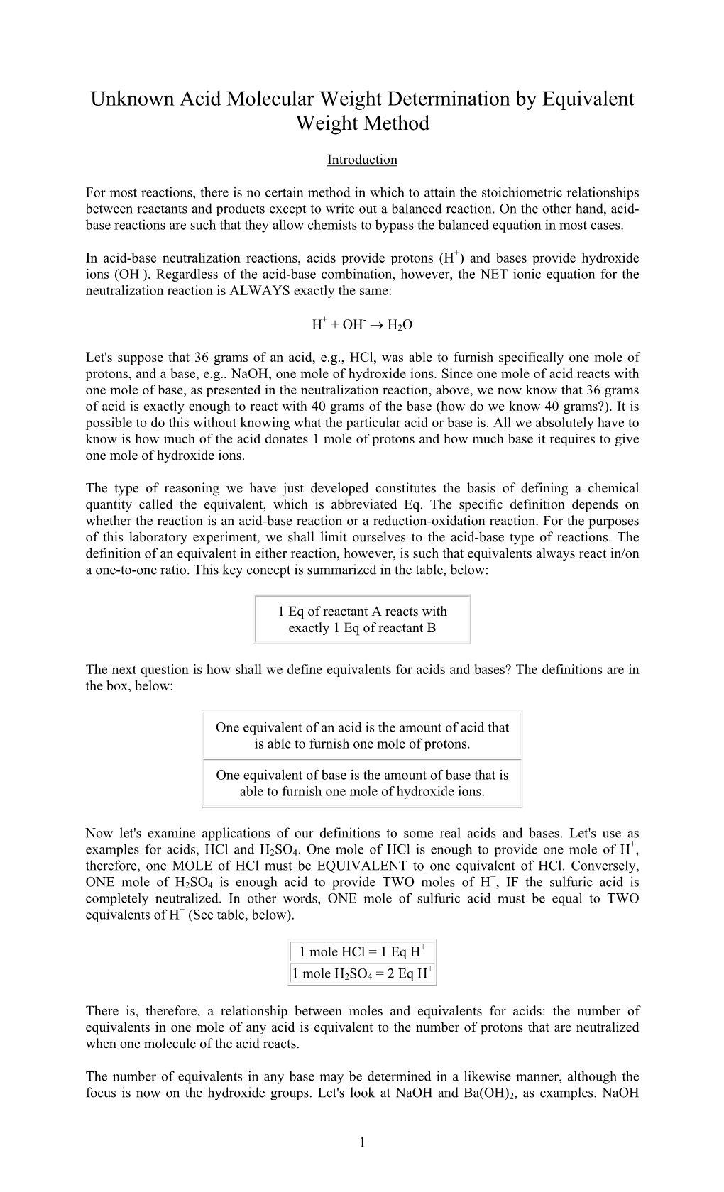 Unknown Acid Molecular Weight Determination by Equivalent Weight Method