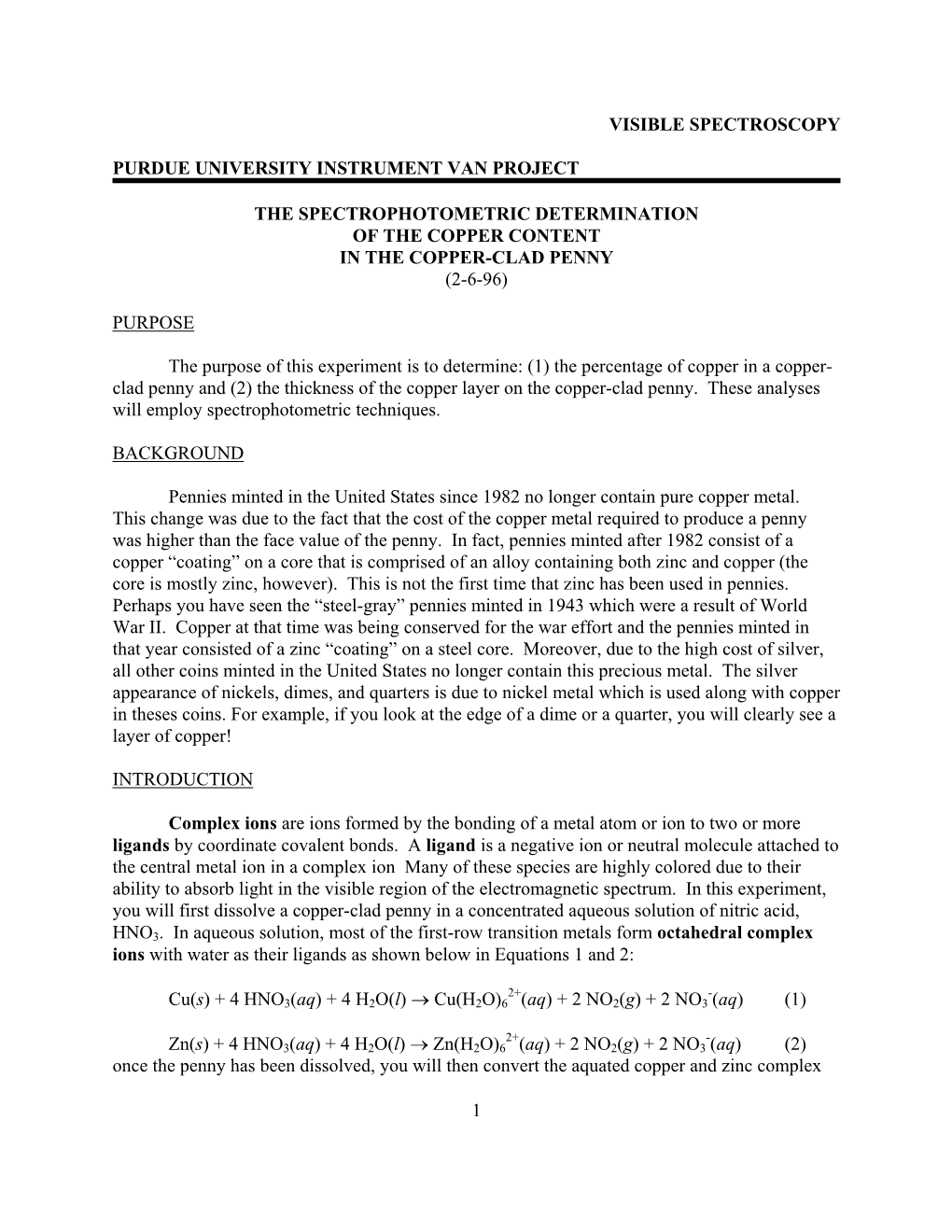 The Spectrophotometric Determination of the Copper Content in the Copper-Clad Penny (2-6-96)