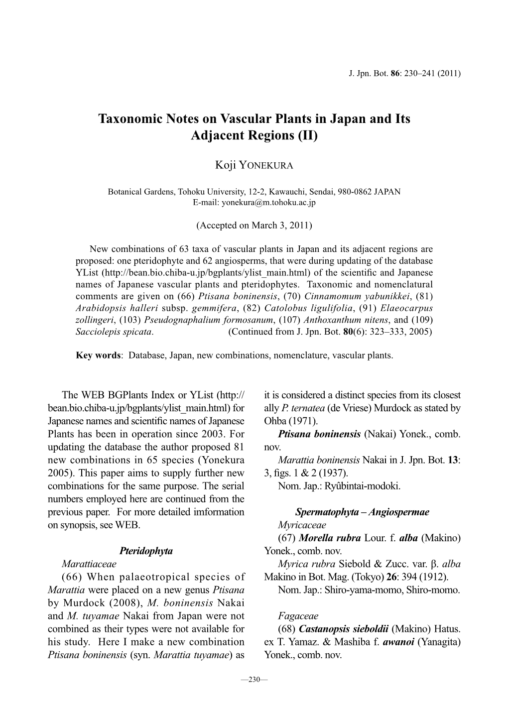 Taxonomic Notes on Vascular Plants in Japan and Its Adjacent Regions (II)