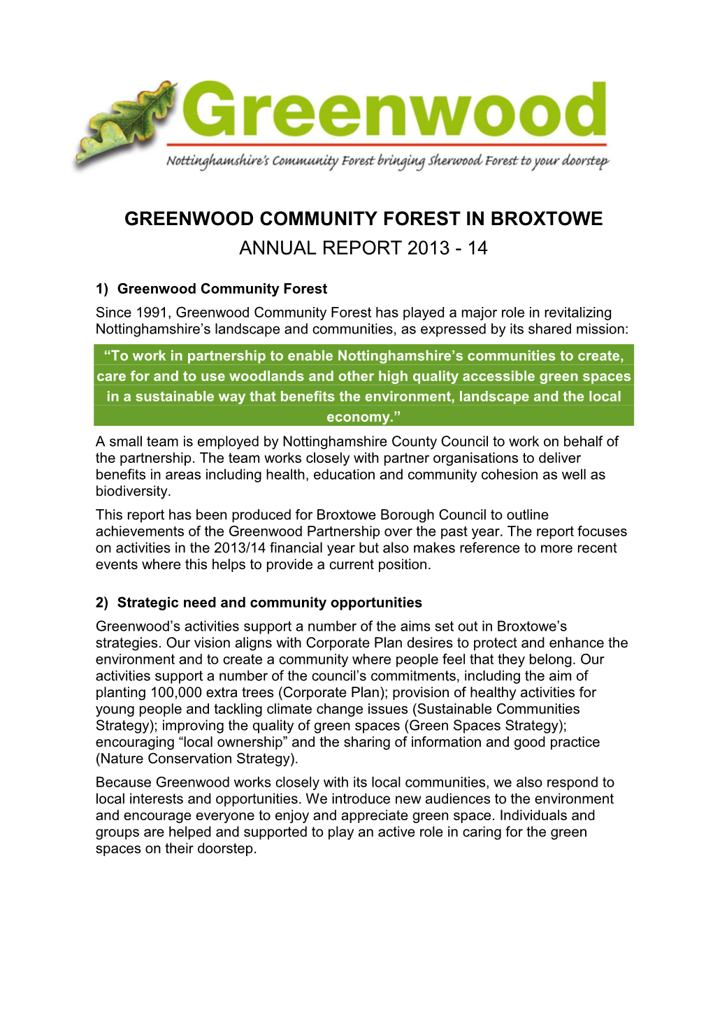 Greenwood Community Forest in Broxtowe Annual Report 2013 - 14