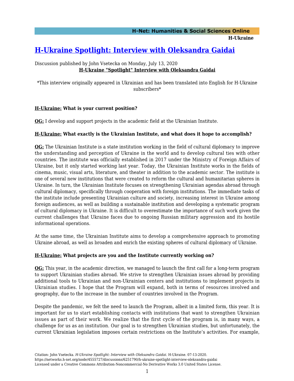 H-Ukraine Spotlight: Interview with Oleksandra Gaidai