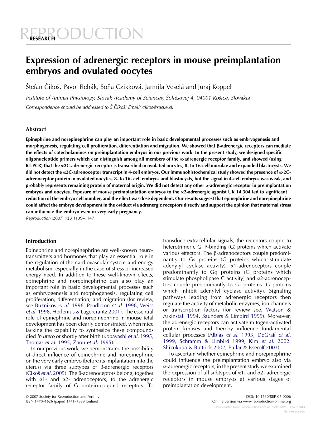 Expression of Adrenergic Receptors in Mouse Preimplantation Embryos and Ovulated Oocytes