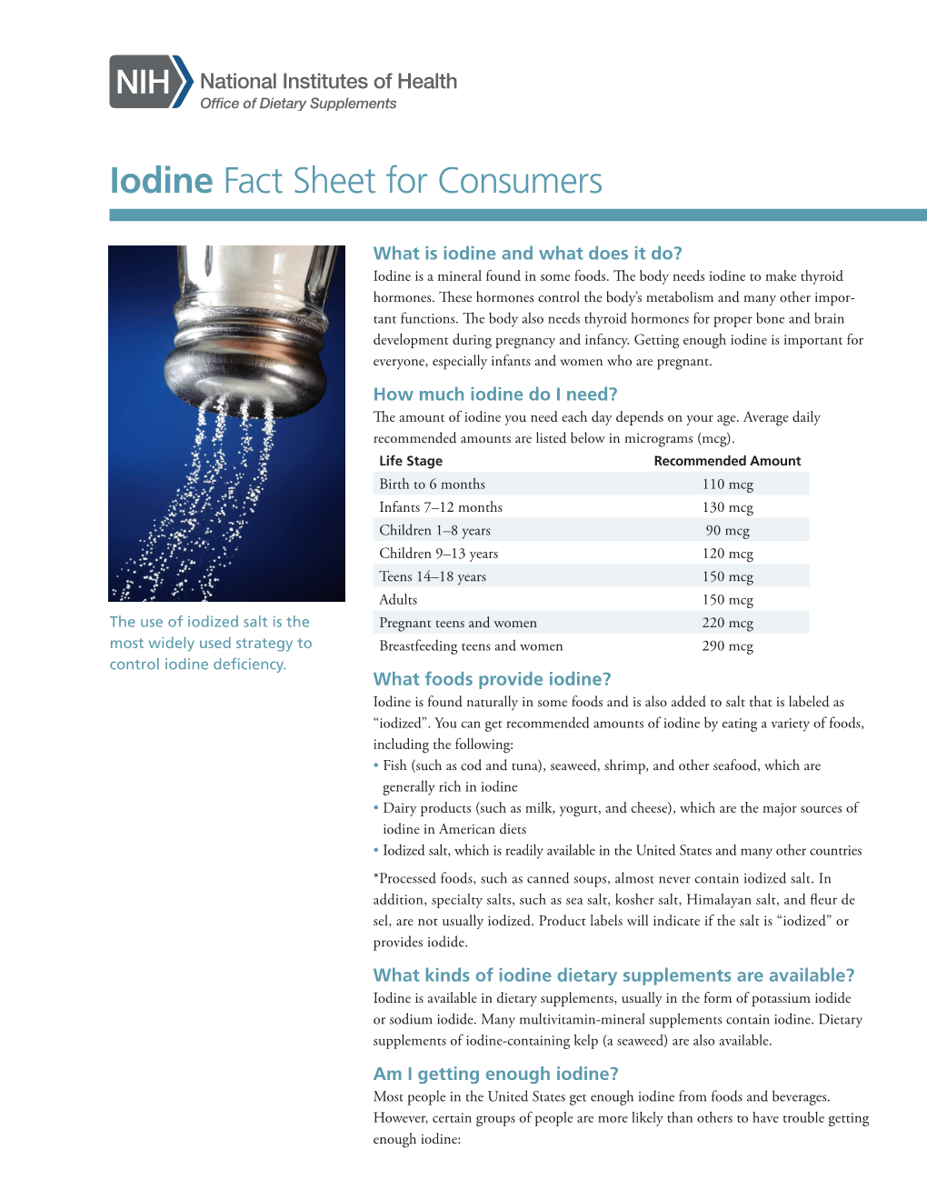 Iodine Fact Sheet for Consumers