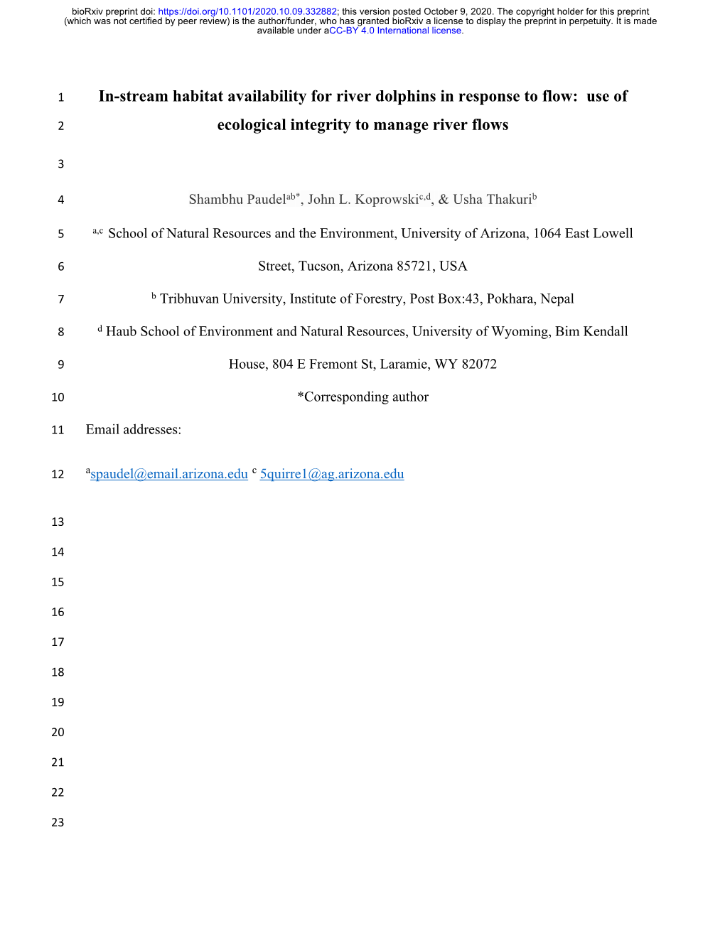 In-Stream Habitat Availability for River Dolphins in Response to Flow: Use Of