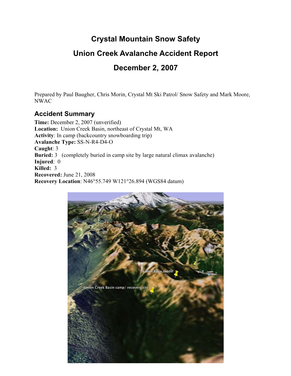 Union Creek Avalanche Accident Report December 2, 2007