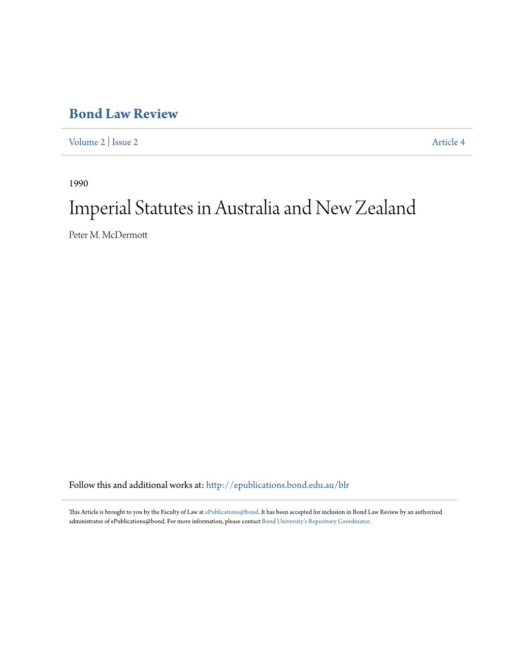 Imperial Statutes in Australia and New Zealand Peter M