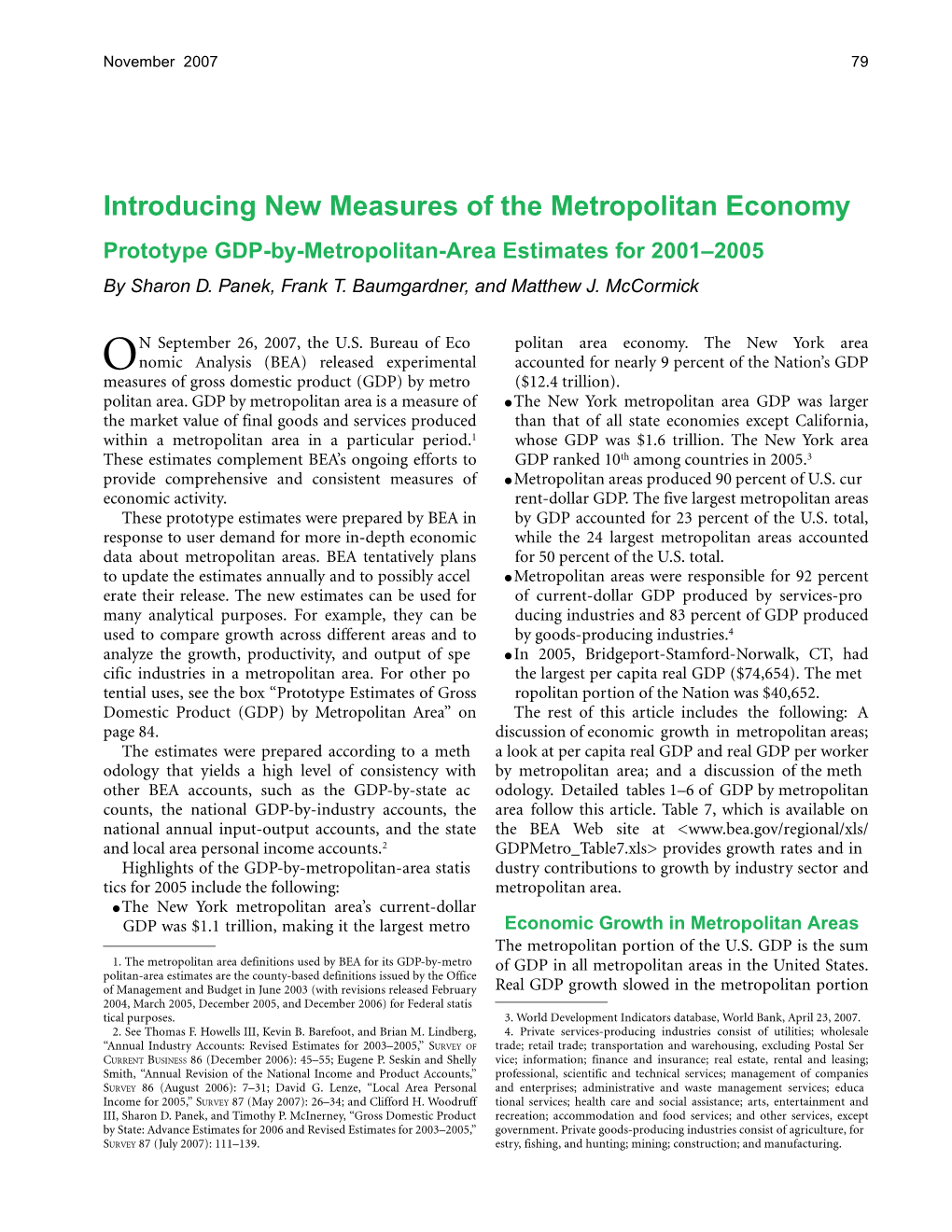Introducing New Measures of the Metropolitan Economy Prototype GDP-By-Metropolitan-Area Estimates for 2001–2005 by Sharon D