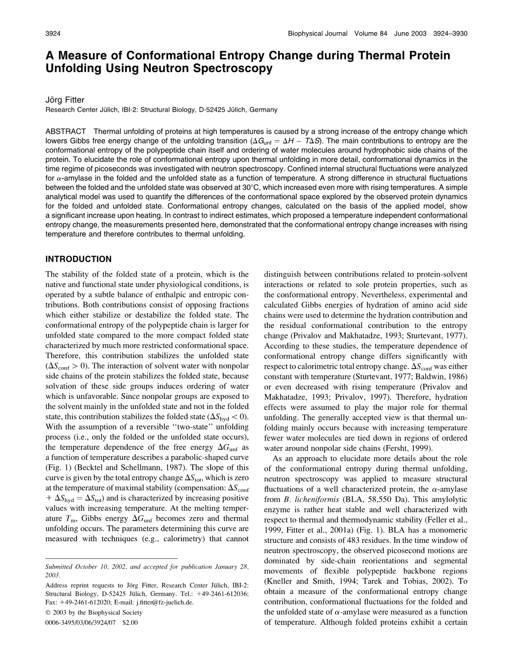 A Measure of Conformational Entropy Change During Thermal Protein Unfolding Using Neutron Spectroscopy