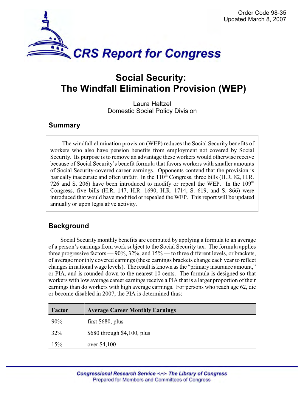 Social Security: the Windfall Elimination Provision (WEP)