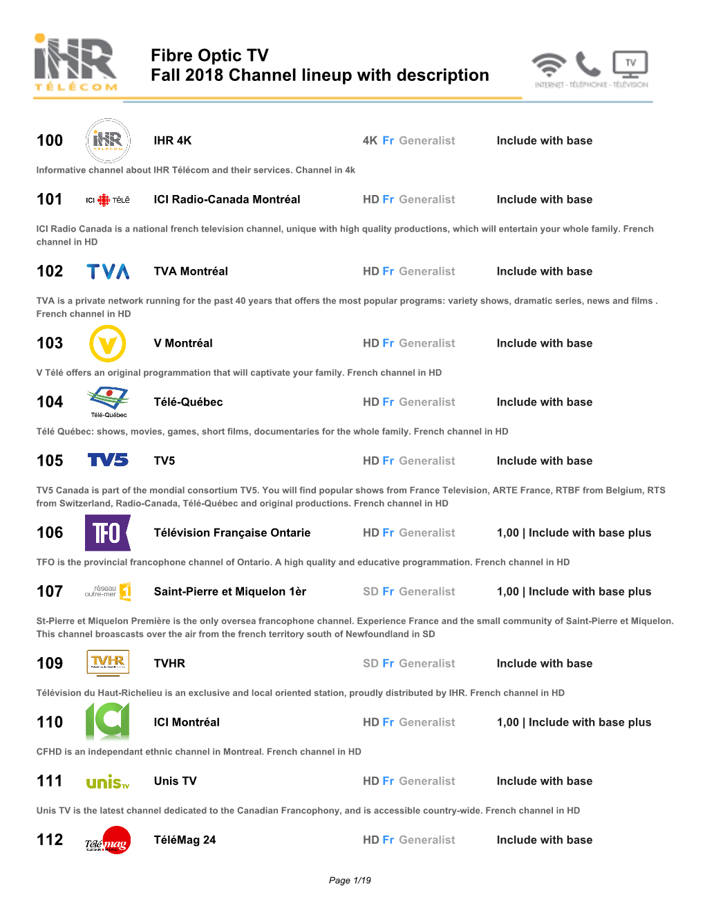 Fibre Optic TV Fall 2018 Channel Lineup with Description