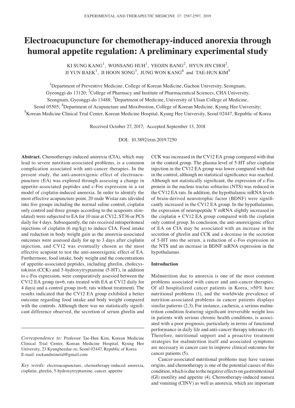 Electroacupuncture for Chemotherapy‑Induced Anorexia Through Humoral Appetite Regulation: a Preliminary Experimental Study