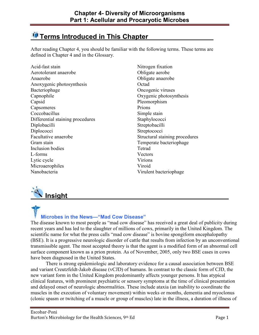 Chapter 4- Diversity of Microorganisms Part 1: Acellular and Procaryotic Microbes