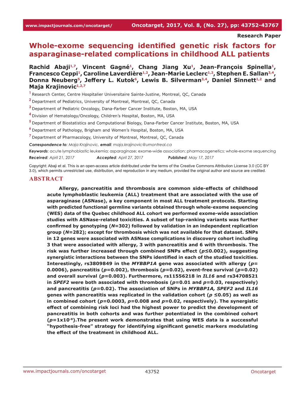 Whole-Exome Sequencing Identified Genetic Risk Factors for Asparaginase-Related Complications in Childhood ALL Patients