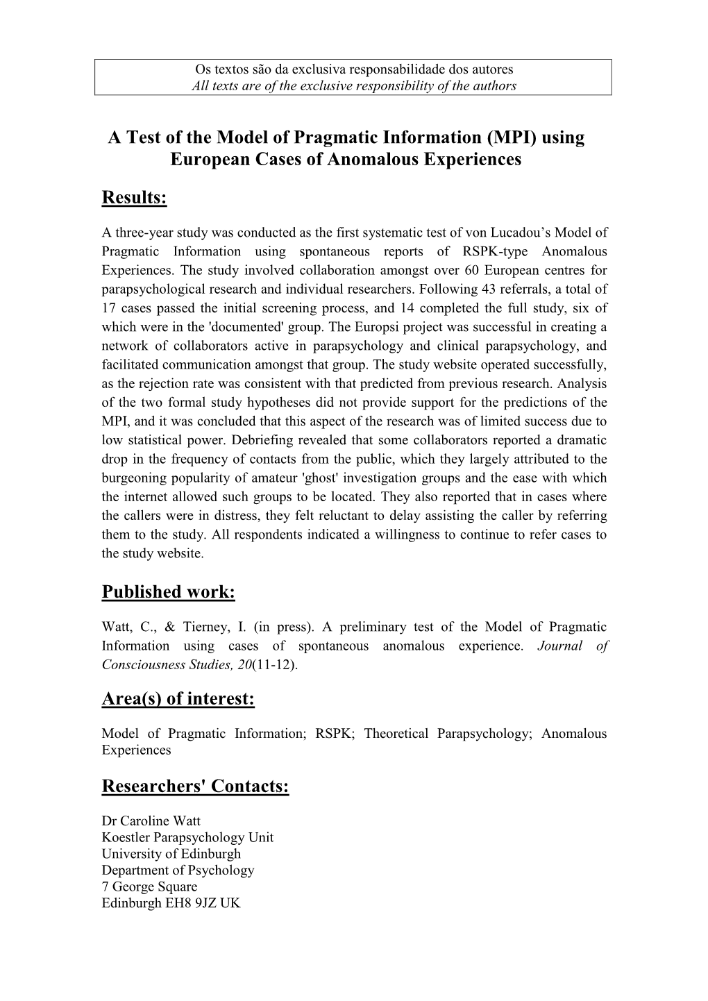 A Test of the Model of Pragmatic Information (MPI) Using European Cases of Anomalous Experiences Results