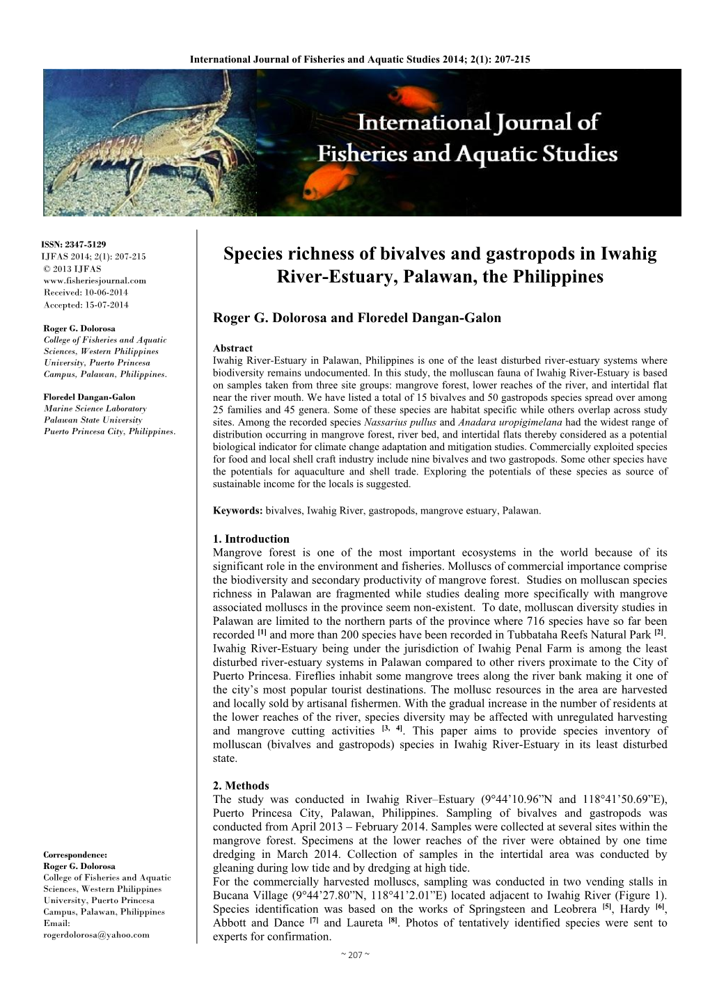 Species Richness of Bivalves and Gastropods in Iwahig River-Estuary