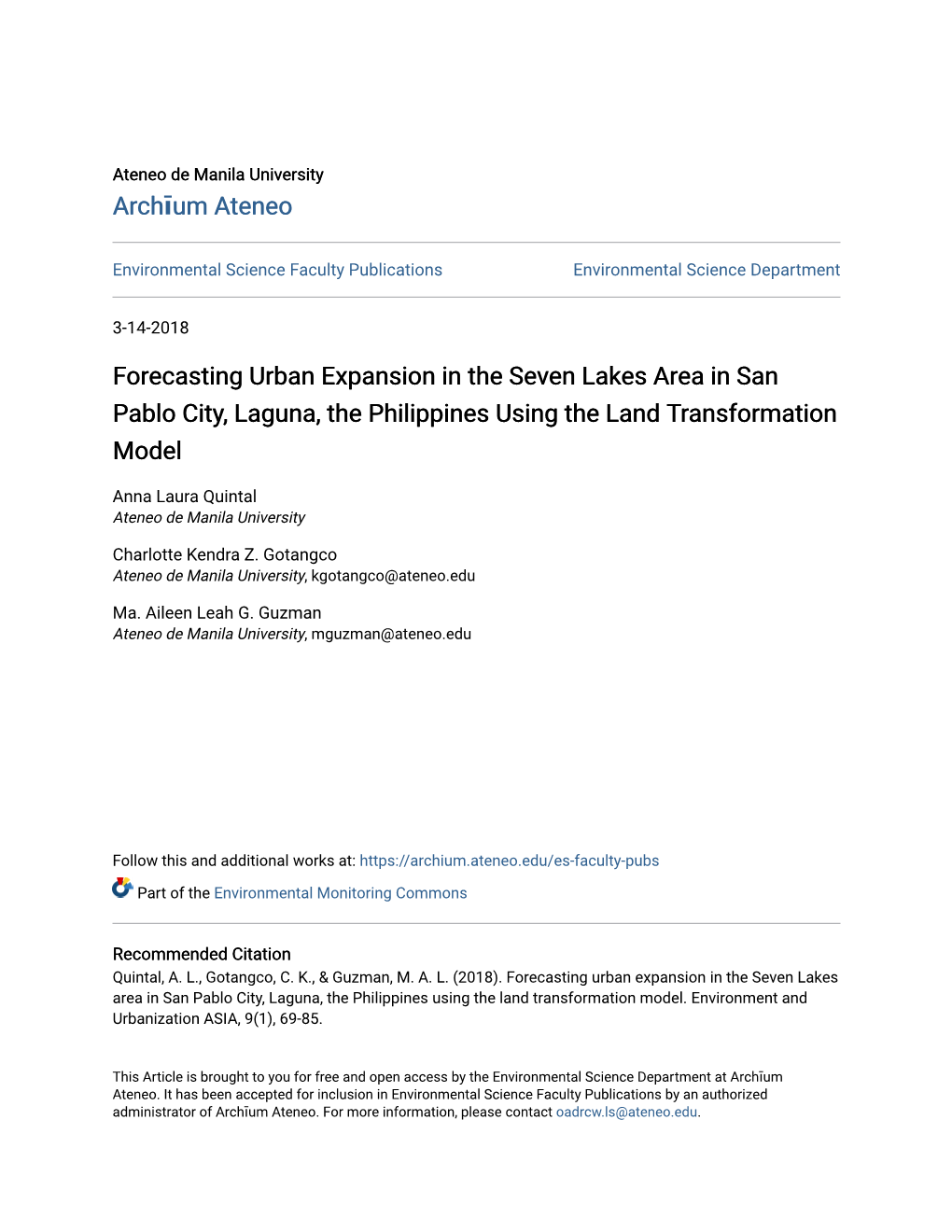 Forecasting Urban Expansion in the Seven Lakes Area in San Pablo City, Laguna, the Philippines Using the Land Transformation Model