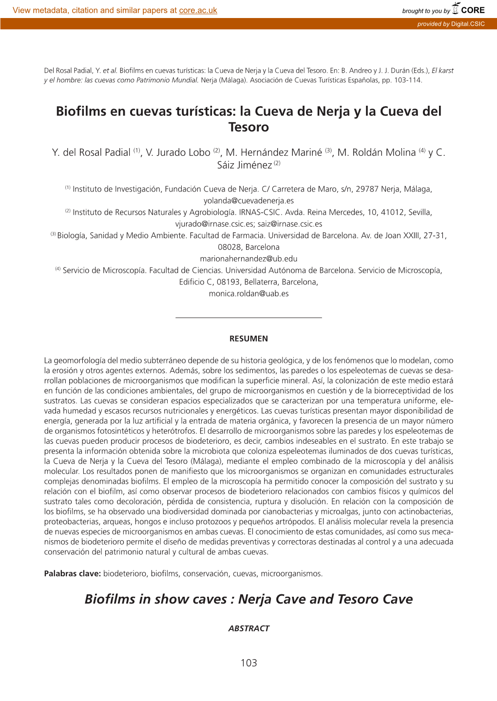 La Cueva De Nerja Y La Cueva Del Tesoro Biofilms in Show Caves