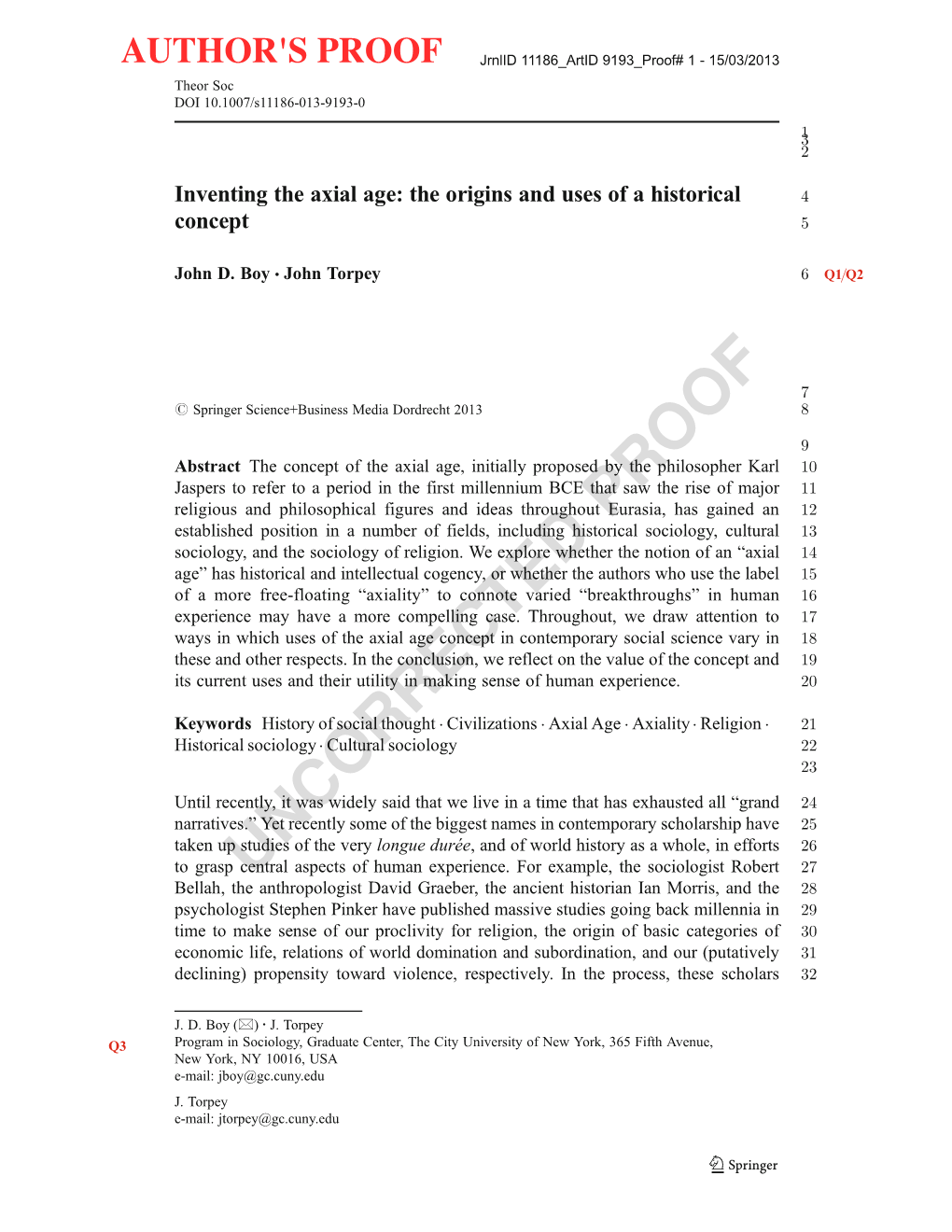 Inventing the Axial Age: the Origins and Uses of a Historical 4 Concept 5