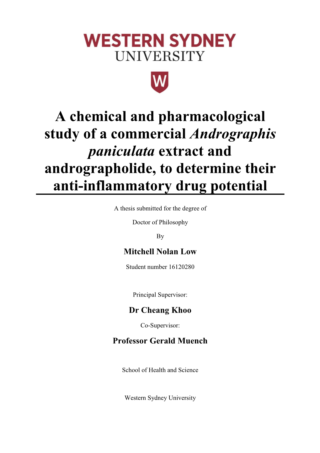 A Chemical and Pharmacological Study of a Commercial Andrographis Paniculata Extract and Andrographolide, to Determine Their